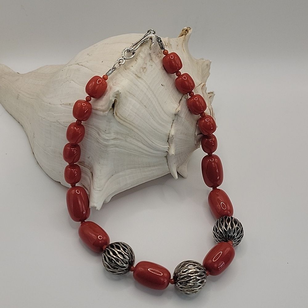 Artisan Vintage Necklace Beaded Cognac Red & Silver Metal Beads Estate Jewelry